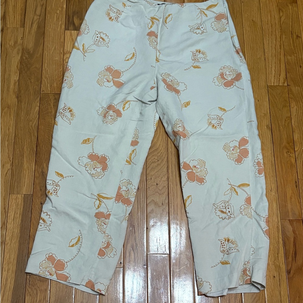 Mercer & Madison Boho Linen Blend Crop Pants Sz 10 Floral Romantic Cream Orange